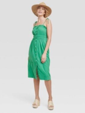 Universal Thread Small Green Mid Length Linen Blend Button Down Sundress